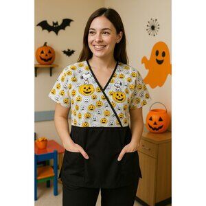 Peanuts Halloween Scrub Top Large Black White Jack o Lanterns spooky workwear